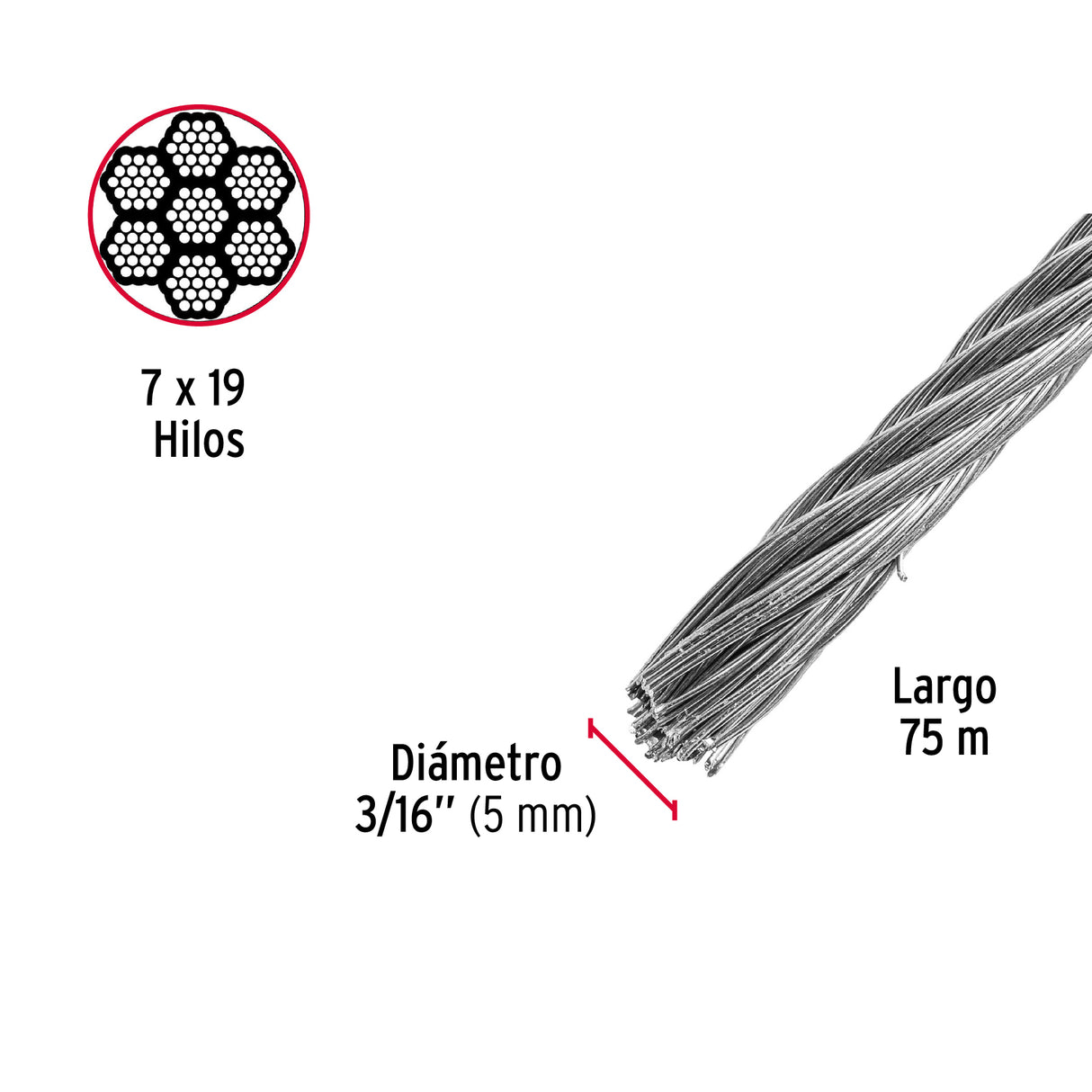 Metro de Cable Flexible 3/16' de Acero 7X19 Hilos, 75 m