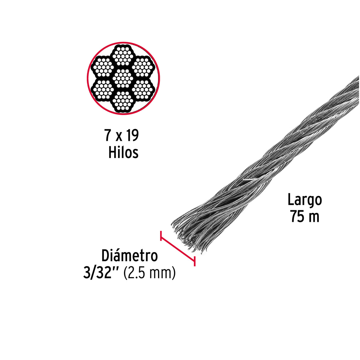 Metro de Cable Flexible 3/32' de Acero 7X19 Hilos, 75 m
