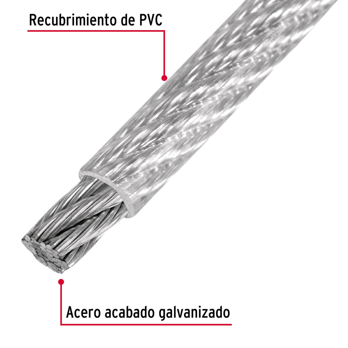 Metro de Cable Rígido 3/32' Acero 7X7 Recubierto PVC, 75 m