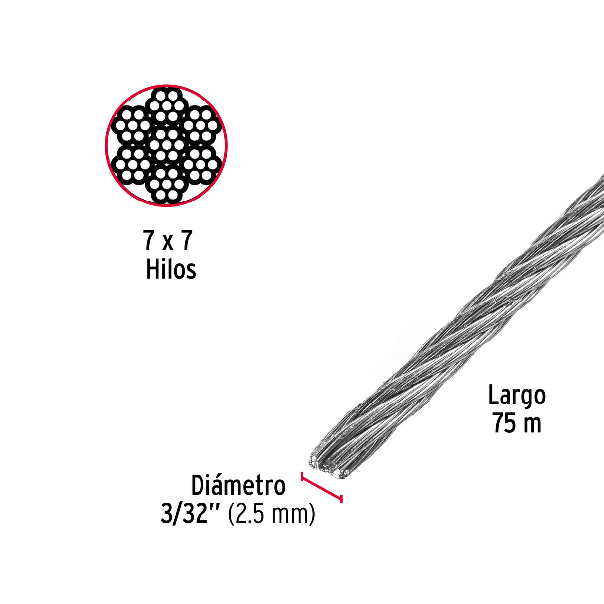 Metro de Cable Rígido 3/32' de Acero 7X7 Hilos, 75 m, Fiero