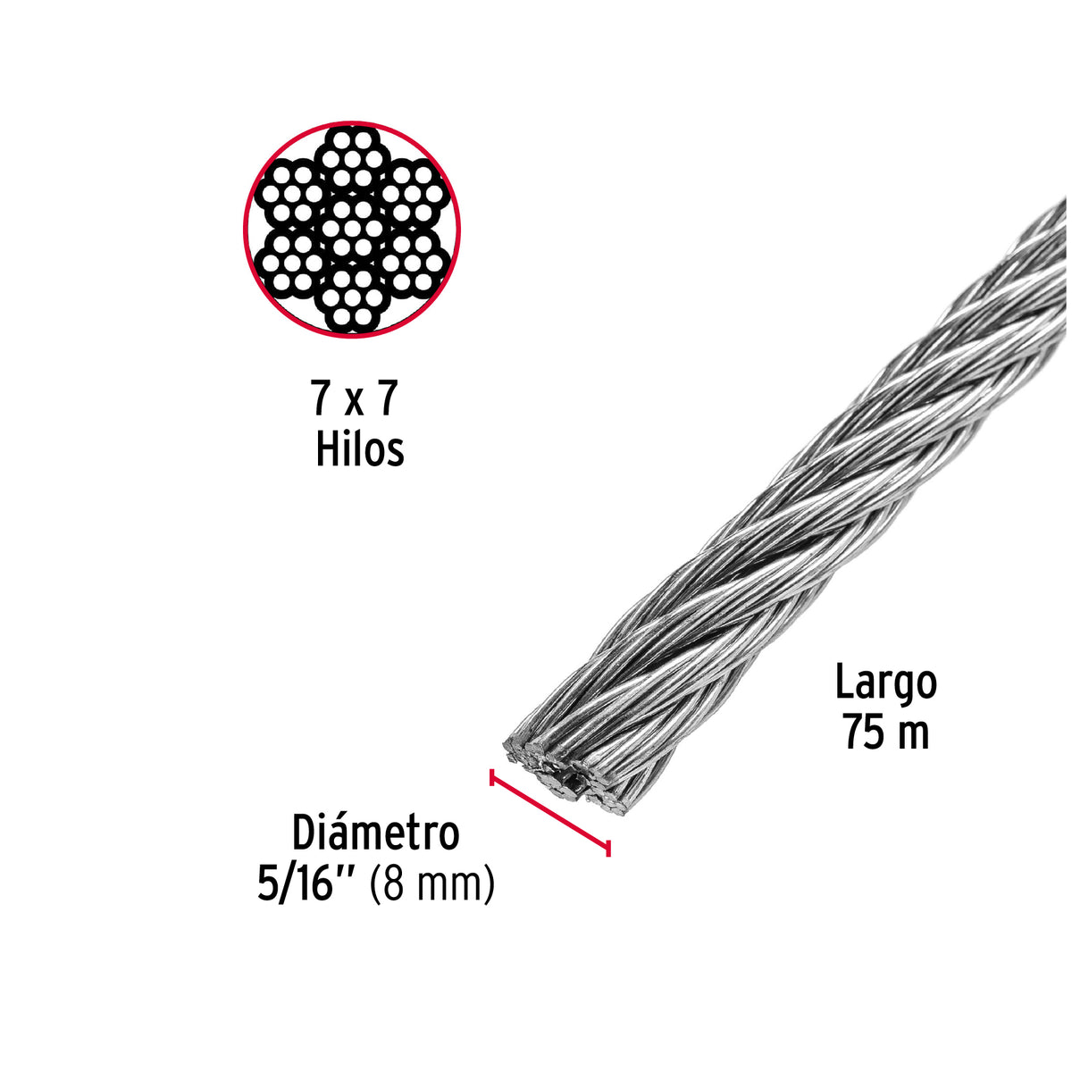 Metro de Cable Rígido 5/16' de Acero 7X7 Hilos, 75 m, Fiero