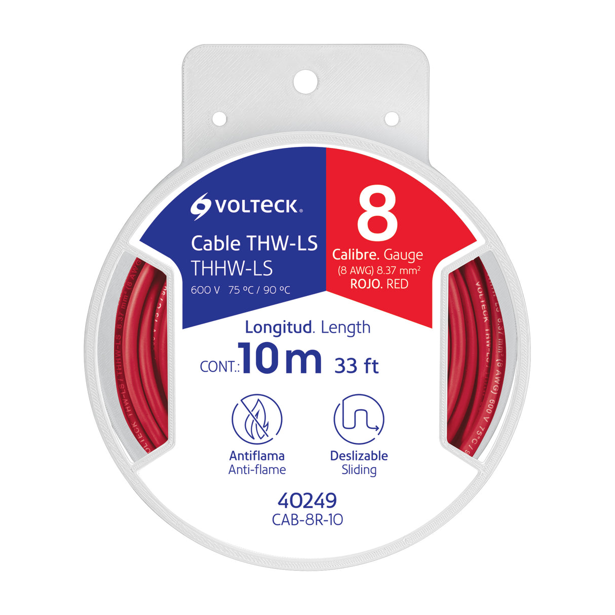 Carrete con 10 m de Cable Thhw-ls 8 AWG Rojo, Volteck