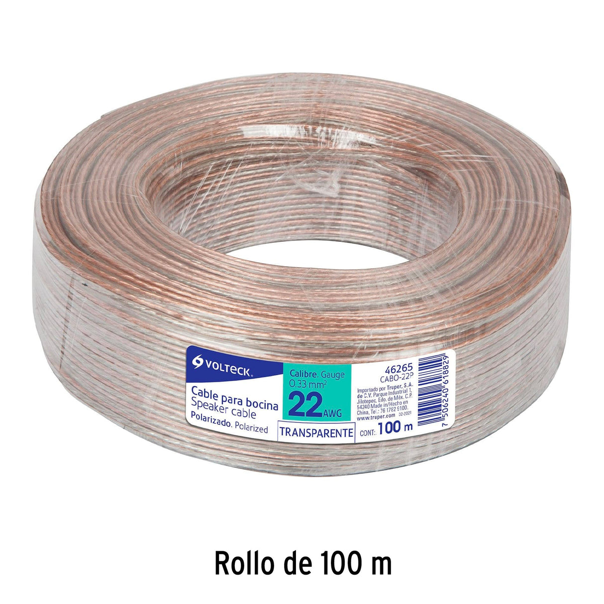 Rollo de 100 m Cable Polarizado Transparente para Bocina 22 AWG