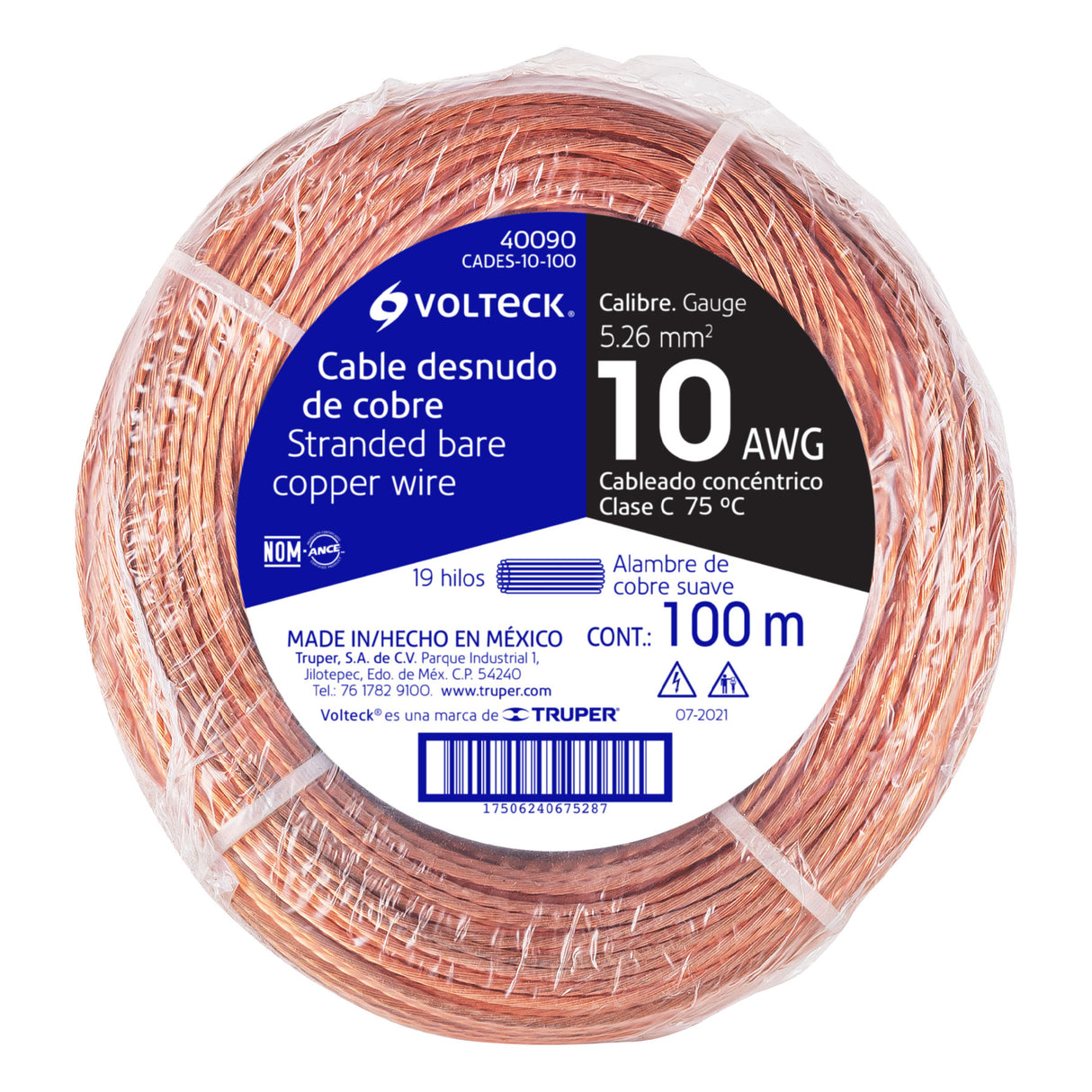 Metro de Cable Desnudo de Cobre Calibre 10 AWG, Rollo 100 m