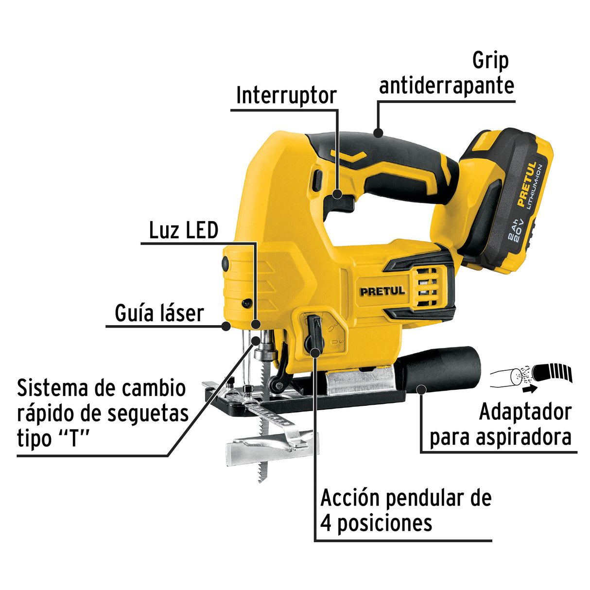 Sierra Caladora, 20 V, 1 Batería 2 Ah, Pretul