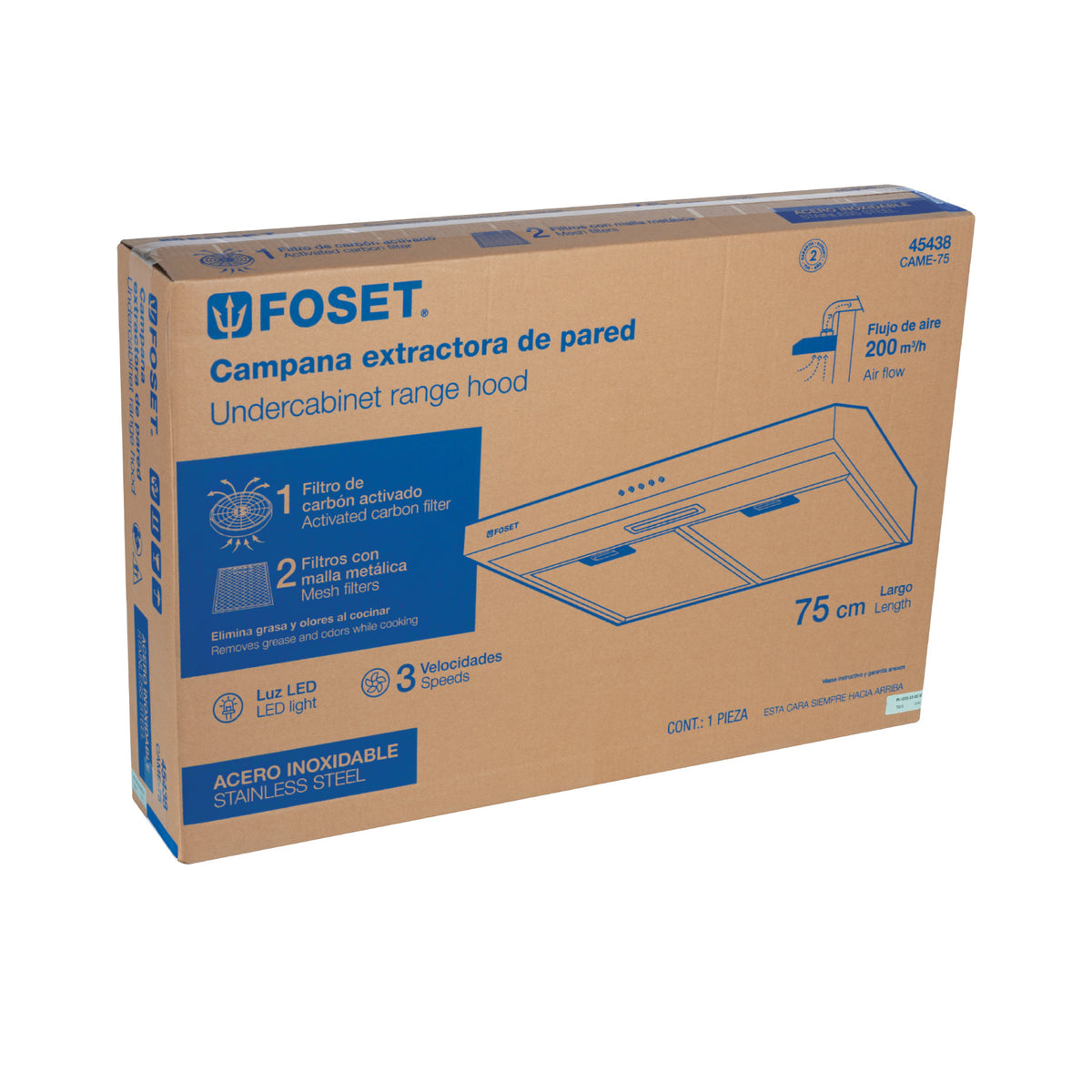 Campana Extractora 75 cm, Empotrable, Acero Inoxidable, Foset