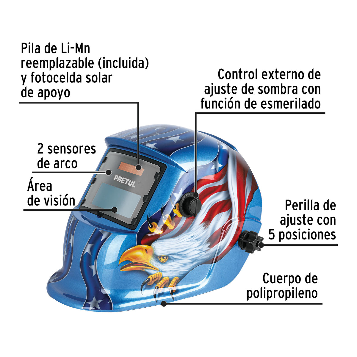 Careta Electrónica para Soldar Sombra 9-13, Águila, Pretul