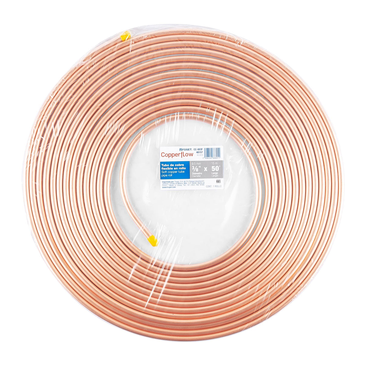 Tubo Flexible de Cobre 3/8', Rollo de 15M, 2.6 kg, Foset