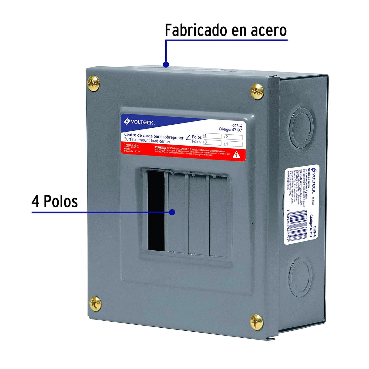 Centro de Carga de Sobreponer, 4 Polos, Volteck