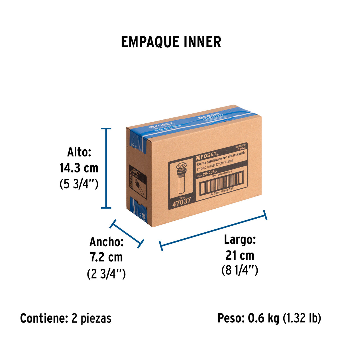 Contra para Lavabo, sin Rebosadero, Sistema Push, Cromo