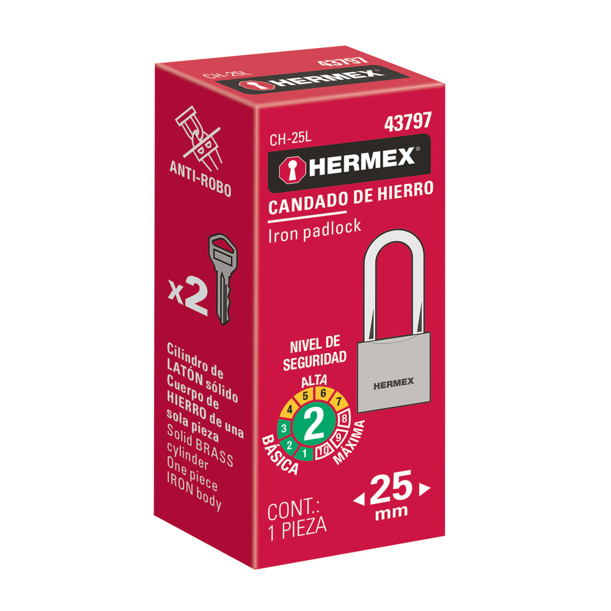 Candado de Hierro 25 mm, Gancho Largo en Caja, Hermex