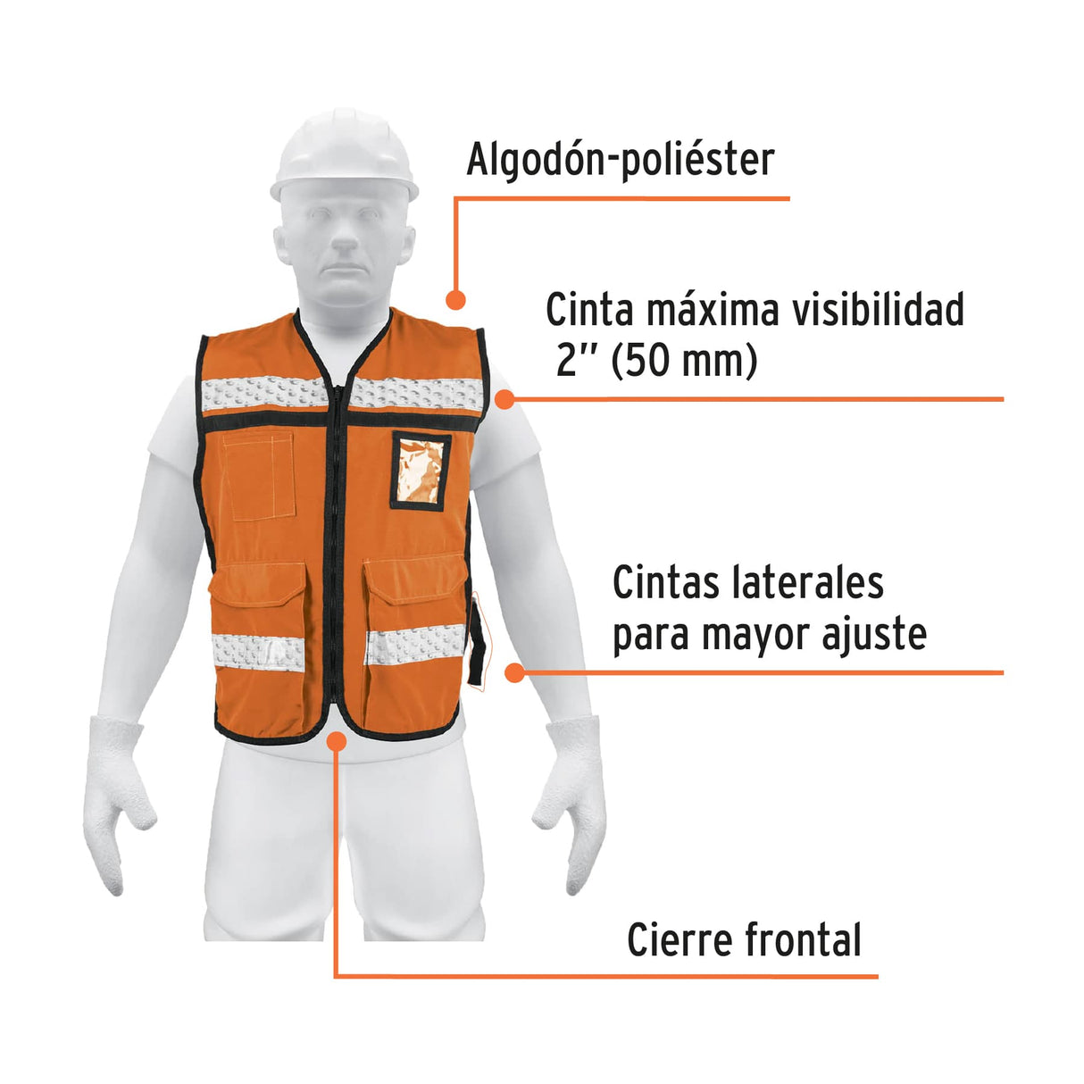 Chaleco Brigadista con Cintas Reflejantes, Color Naranja