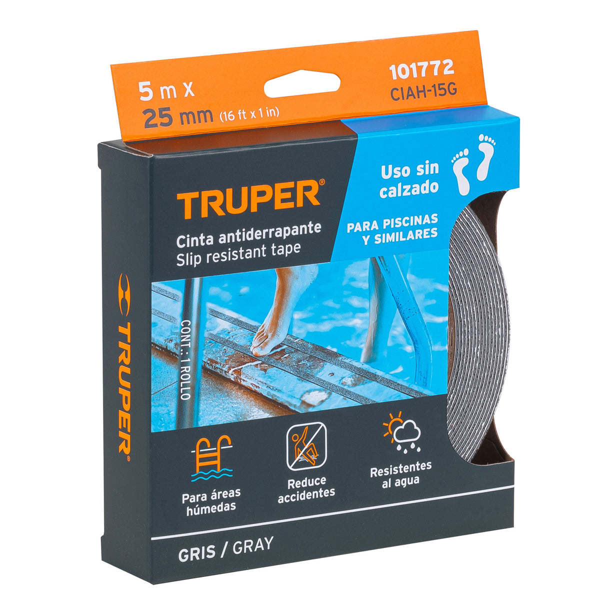 Rollo de 5 m Cinta Antiderrapante 25 mm Gris para Áreas Húmedas