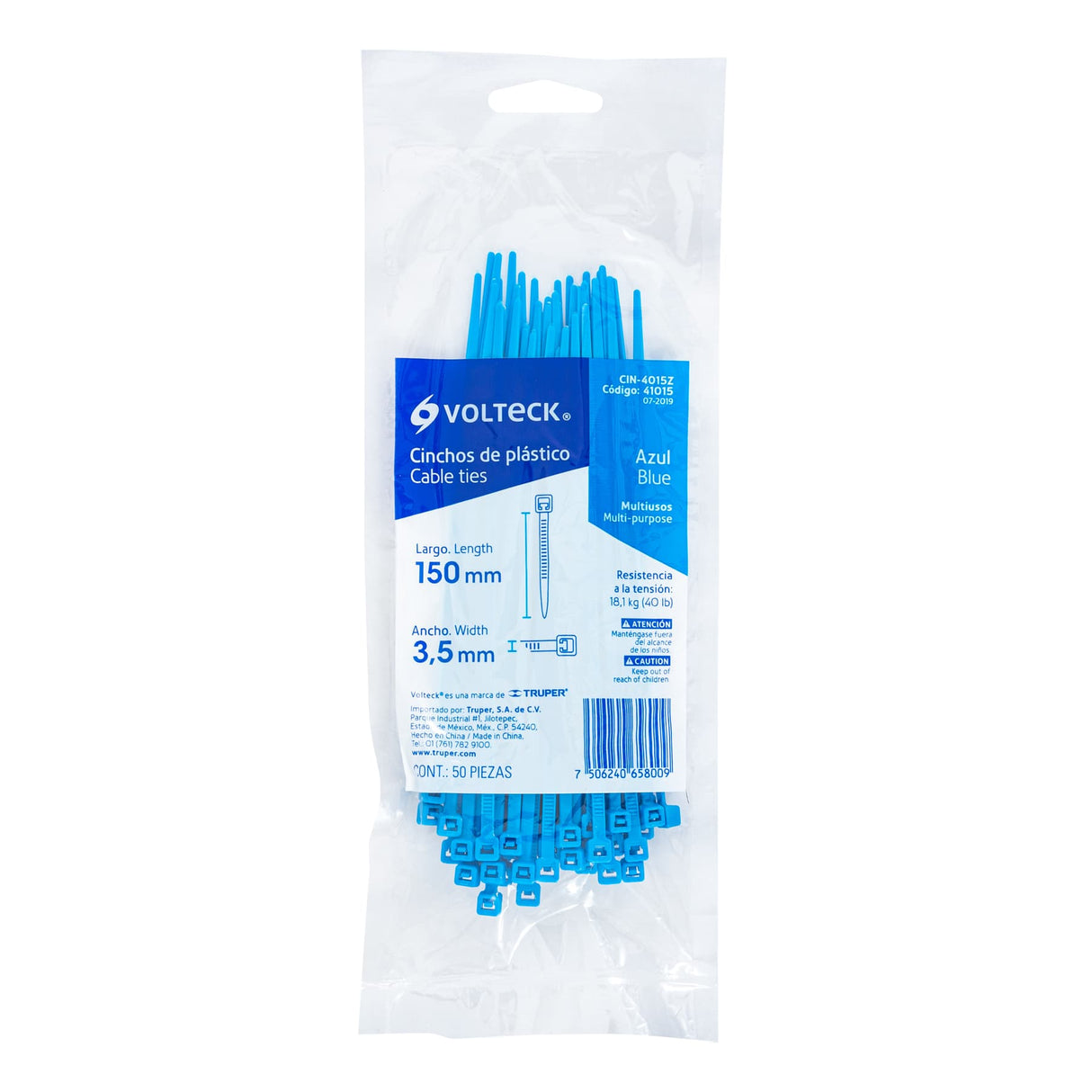 Bolsa con 50 Cinchos Plásticos 40 lb, 150 X 3.5 mm, Azules