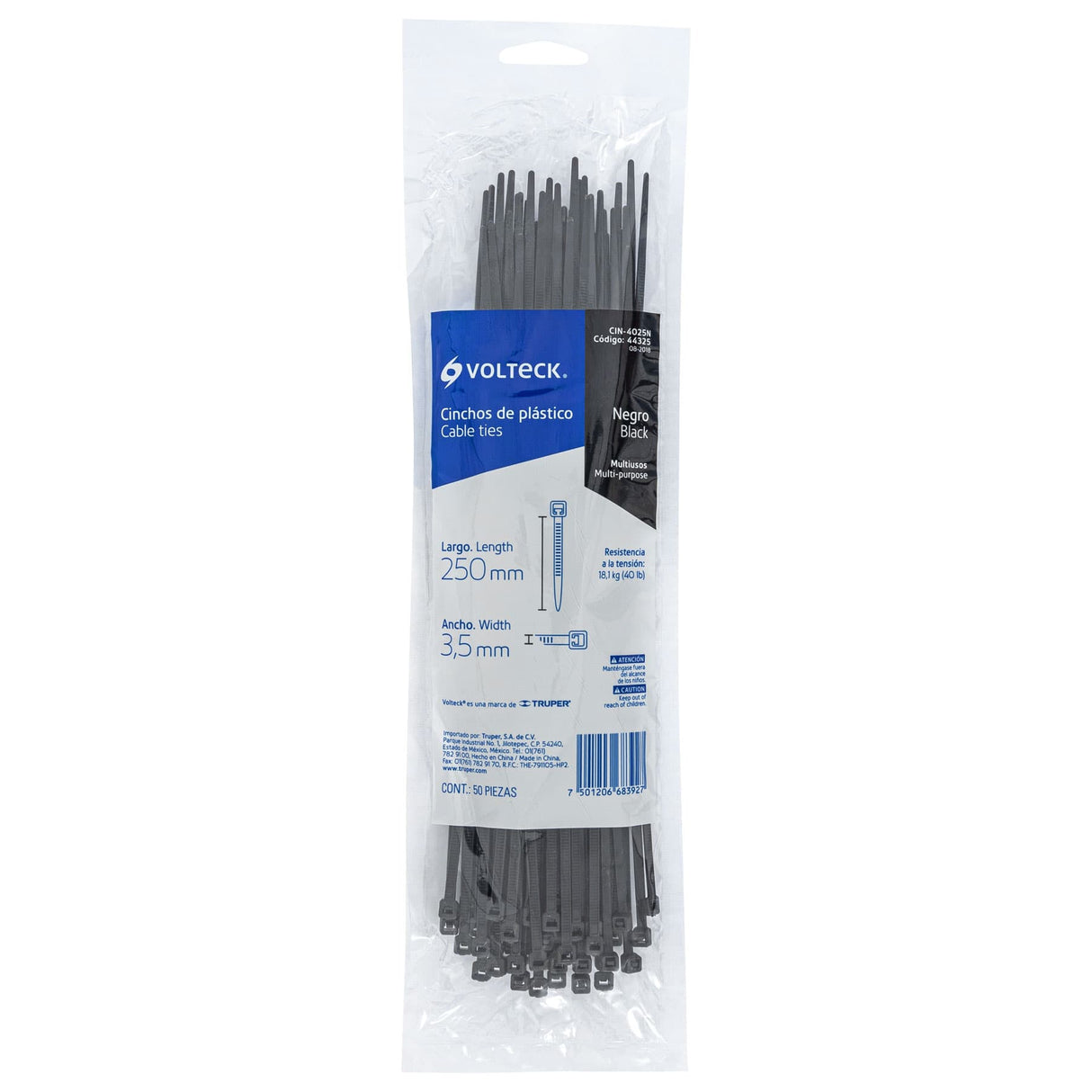 Bolsa con 50 Cinchos Plásticos 40 lb, 250X3.5 mm, Negros