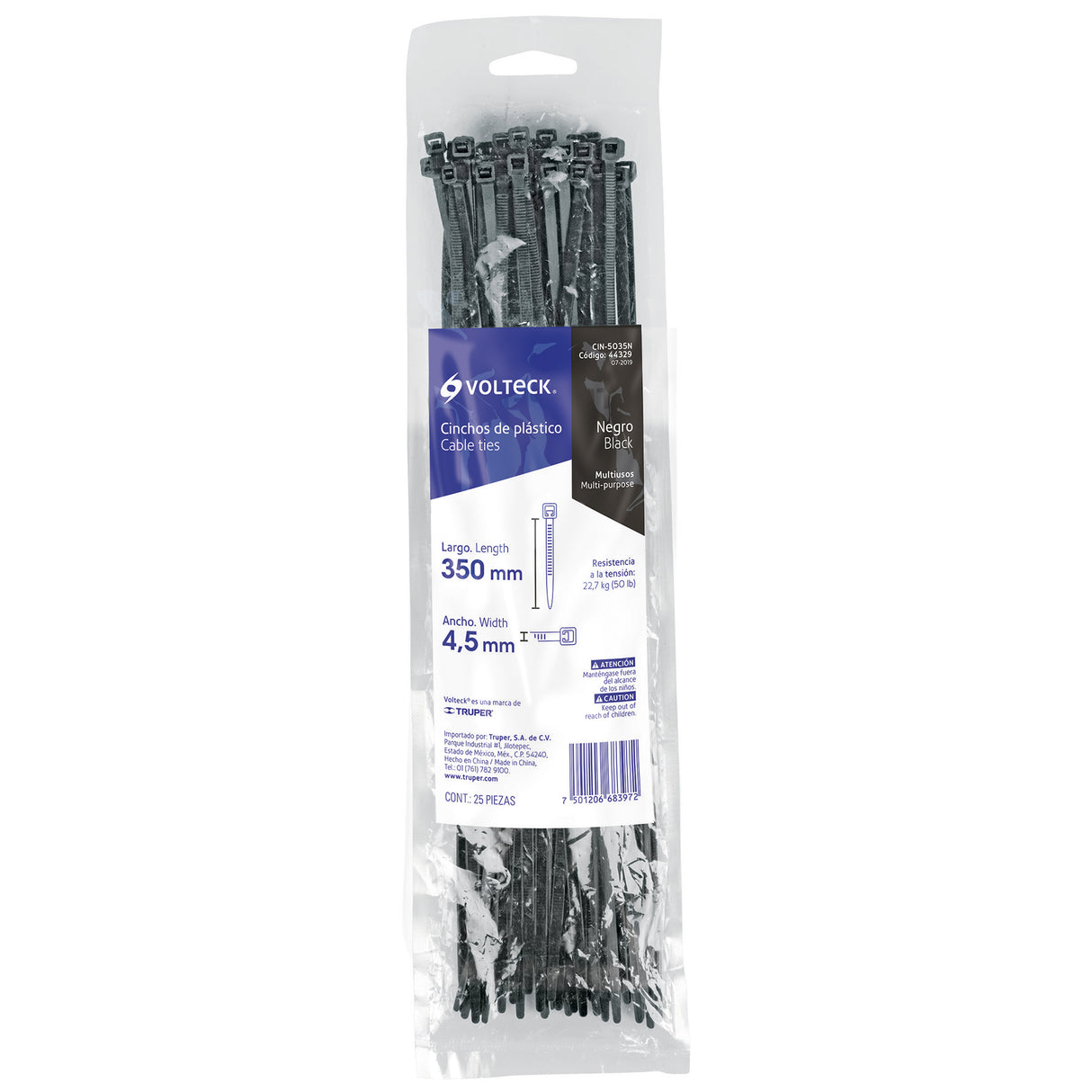 Bolsa con 25 Cinchos Plásticos 50 lb, 350X4.5 mm, Negros
