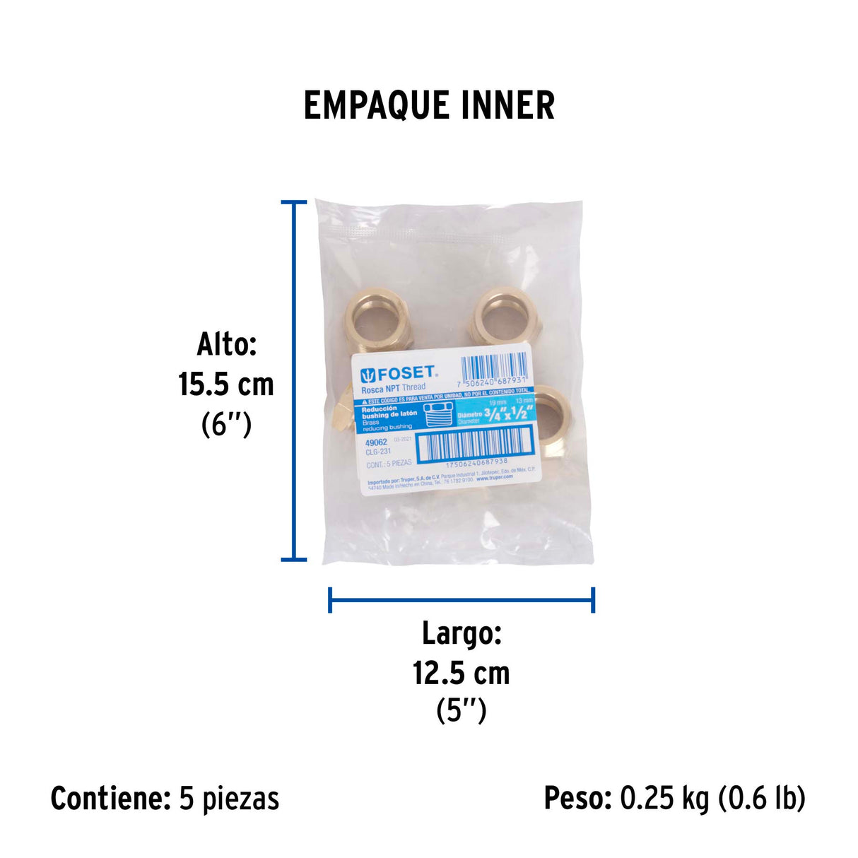 Reducción Bushing de Latón, 3/4' X 1/2', Foset