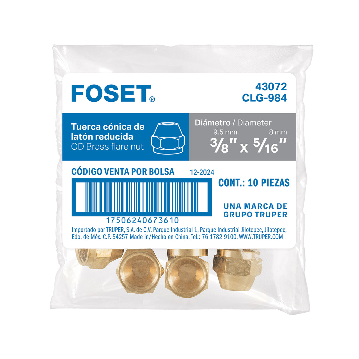 Tuerca Cónica Reducida de Latón 3/8' X 5/16', Foset