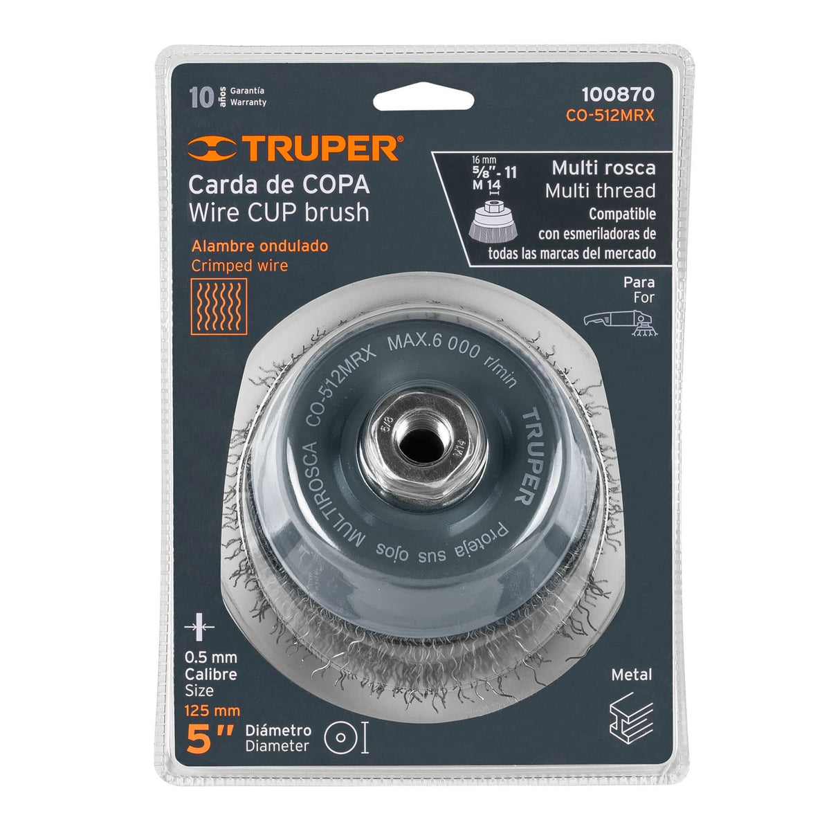 Carda Copa 5' Alambre Ondulado Grueso, Multi-rosca, Truper