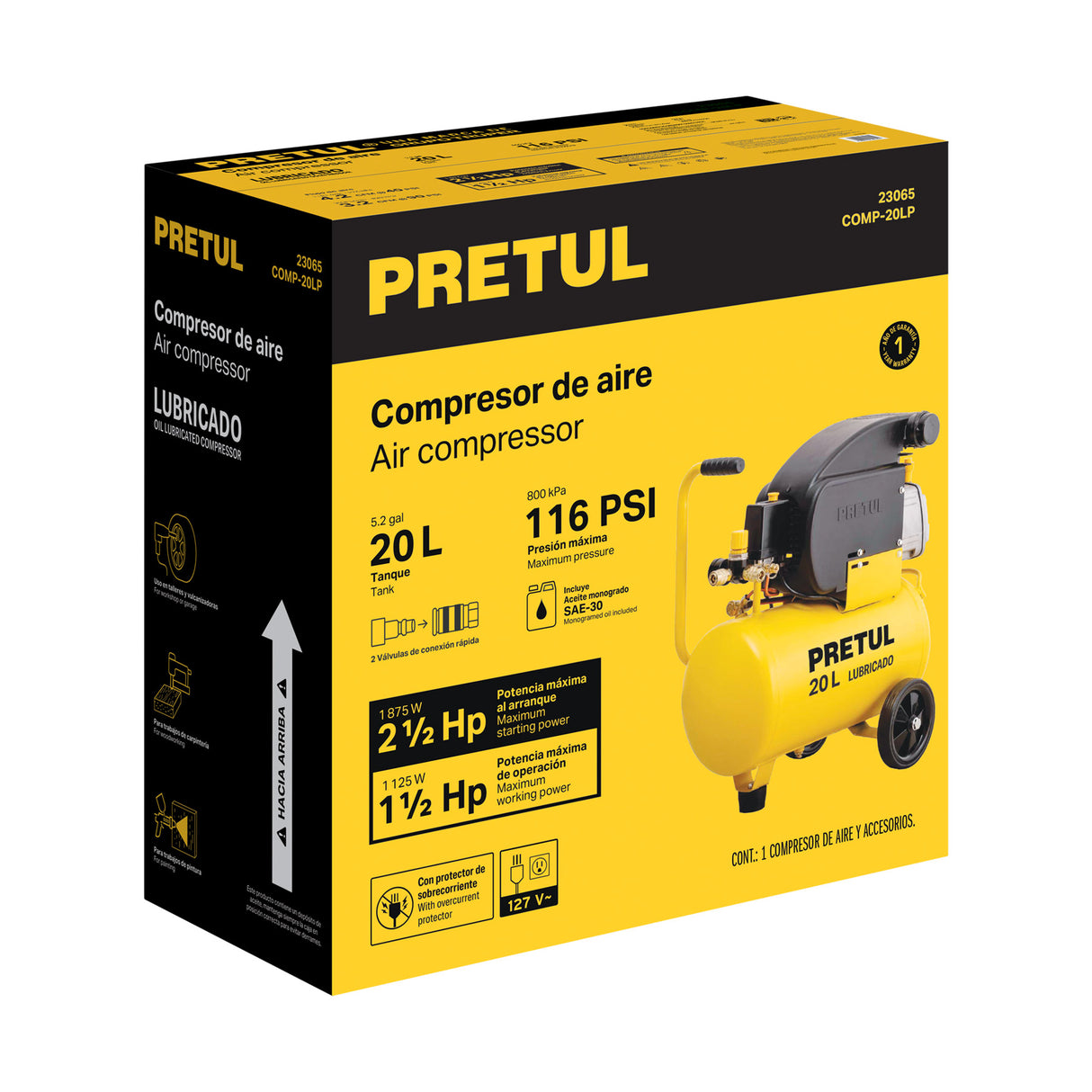 Compresor Lubricado, 20 L, 2-1/2 HP, Horizontal, 127 V, Pretul