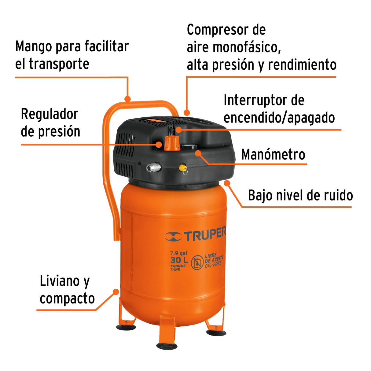 Compresor Libre de Aceite, 30 L, 3 HP, Vertical, 127 V, Truper