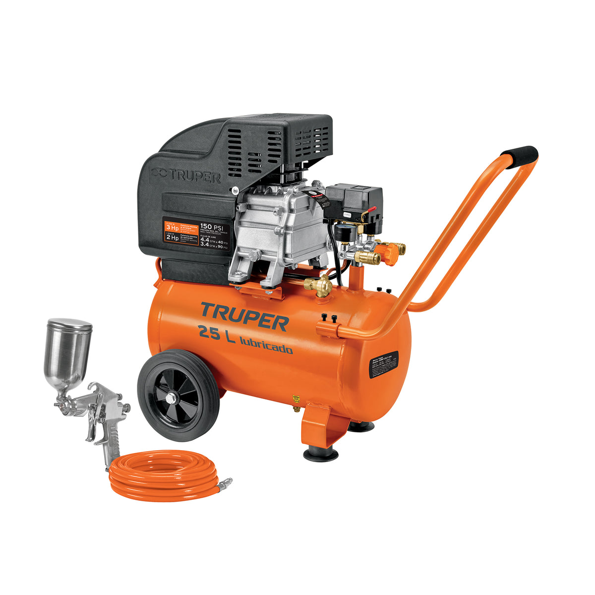 Kit Compresor Lub, 25 L, Manguera y Pistola Grav, 127 V, Truper