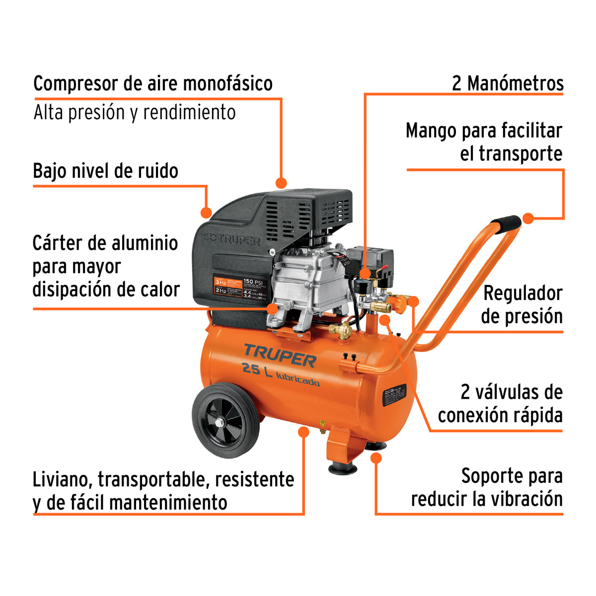 Kit Compresor Lub, 25 L, Manguera y Pistola Grav, 127 V, Truper