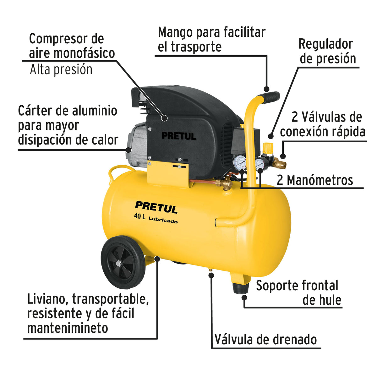 Kit Compresor Lub, 40 L, Manguera y Pistola Baja, 127 V, Pretul