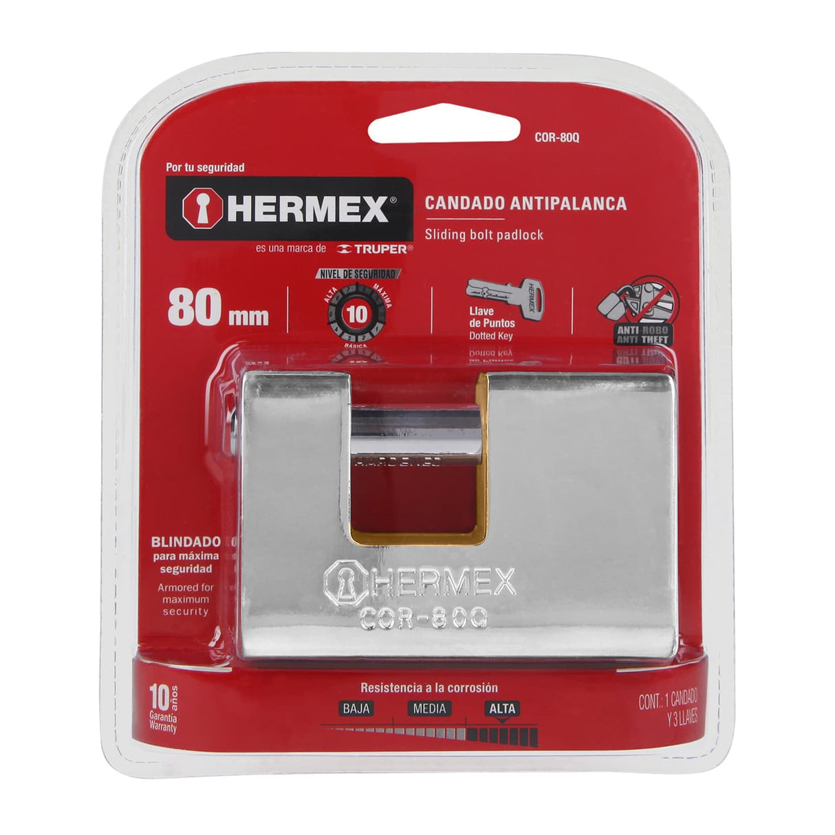 Candado Antipalanca, 80 mm, Blindado, Llave Puntos, Hermex