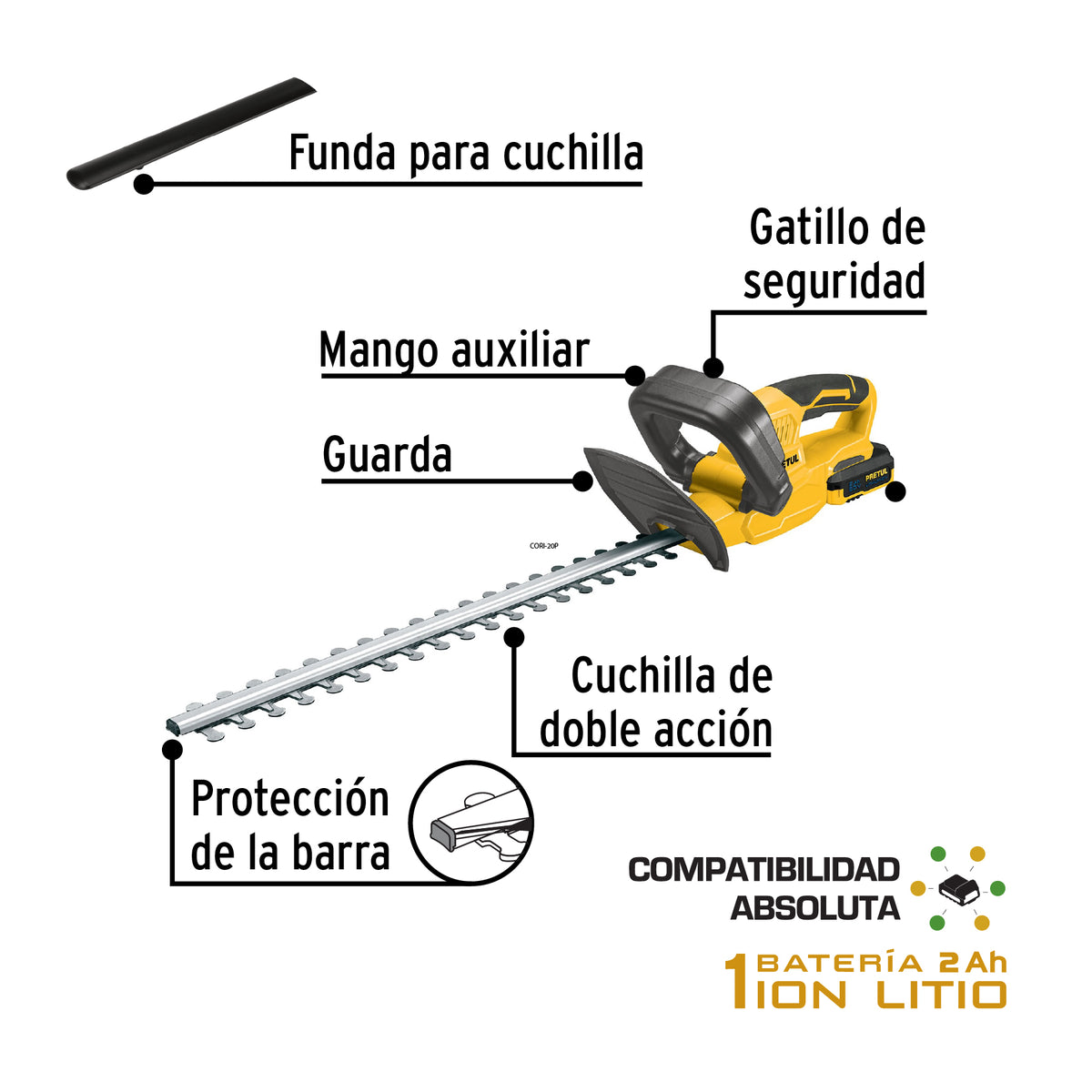 Cortasetos Inalámbrico 20 V, 1 Batería 2 Ah, 1 Carg. Pretul