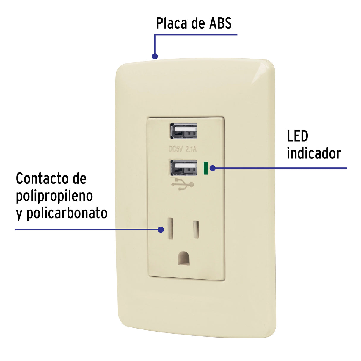 Contacto Aterrizado + 2 Puertos USB, Marfil, Línea Italiana