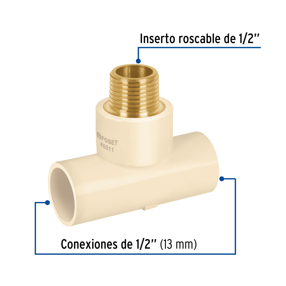 Tee de CPVC 1/2' Rosca Central Macho Inserto Latón, Foset