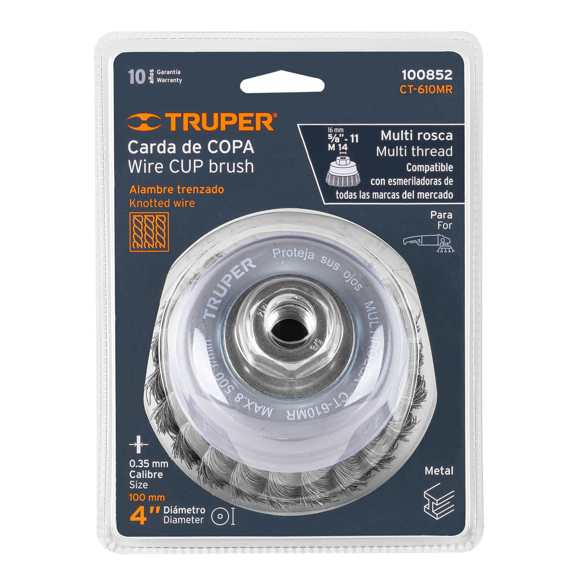 Carda Copa 4' Alambre Trenzado Fino, Multi-rosca, Truper
