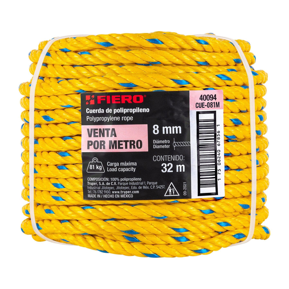Metro de Cuerda Amarilla de Polipropileno 8 mm, Rollo 32M