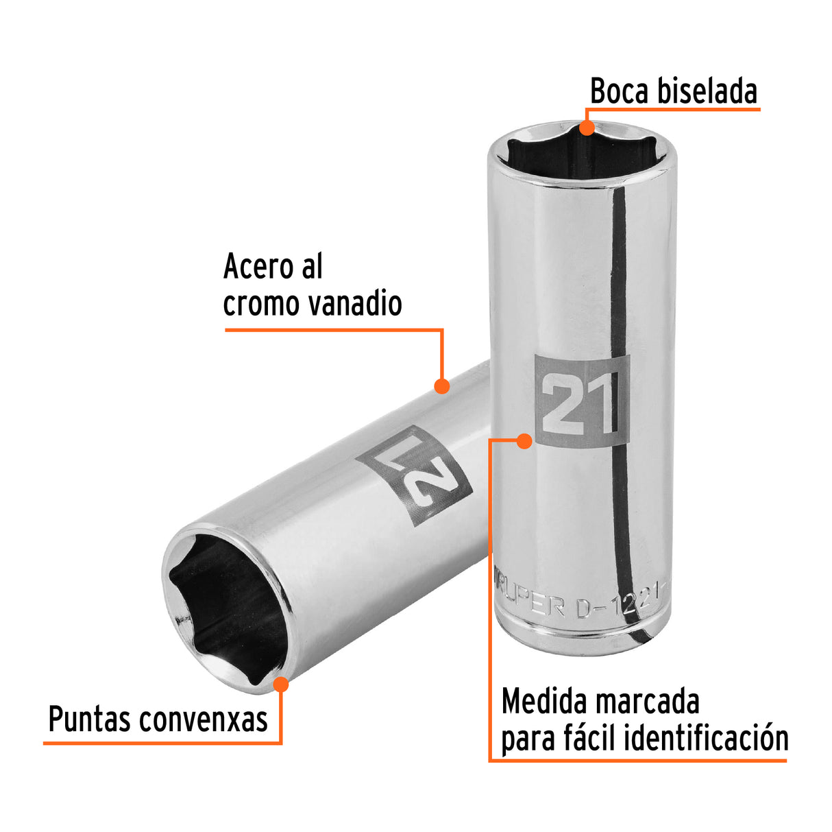 Dado Largo de 21 mm, 6 Puntas, Cuadro 1/2', Truper