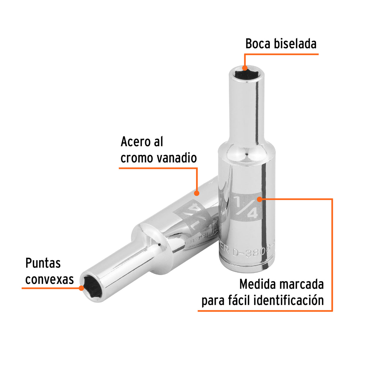 Dado Largo de 1/4', 6 Puntas, Cuadro 3/8', Truper