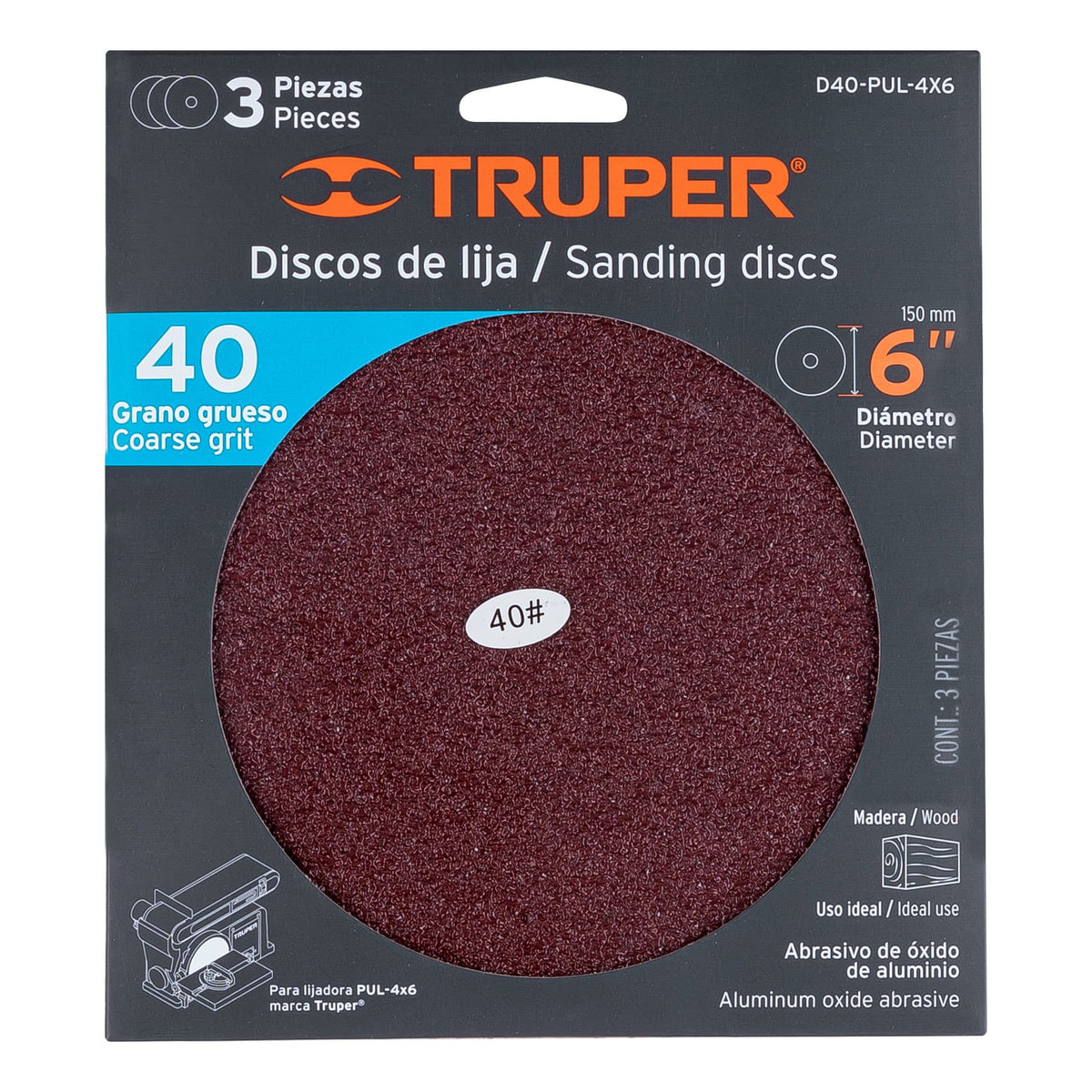 Paquete con 3 Discos de Lija 6' Grano 40, para PUL-4X6T