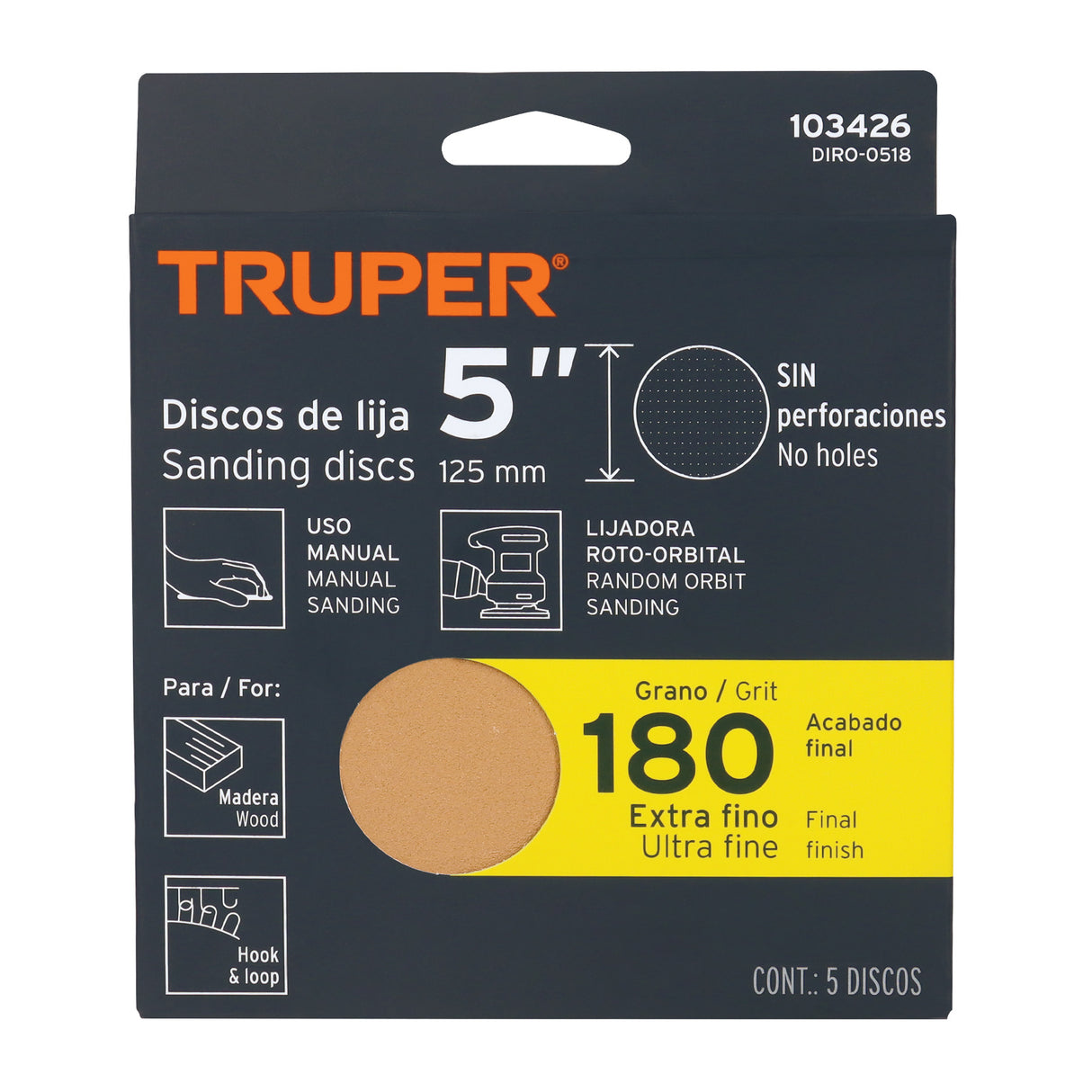 Paquete con 5 Discos de Lija 5' Grano 180, Ciegos, Truper