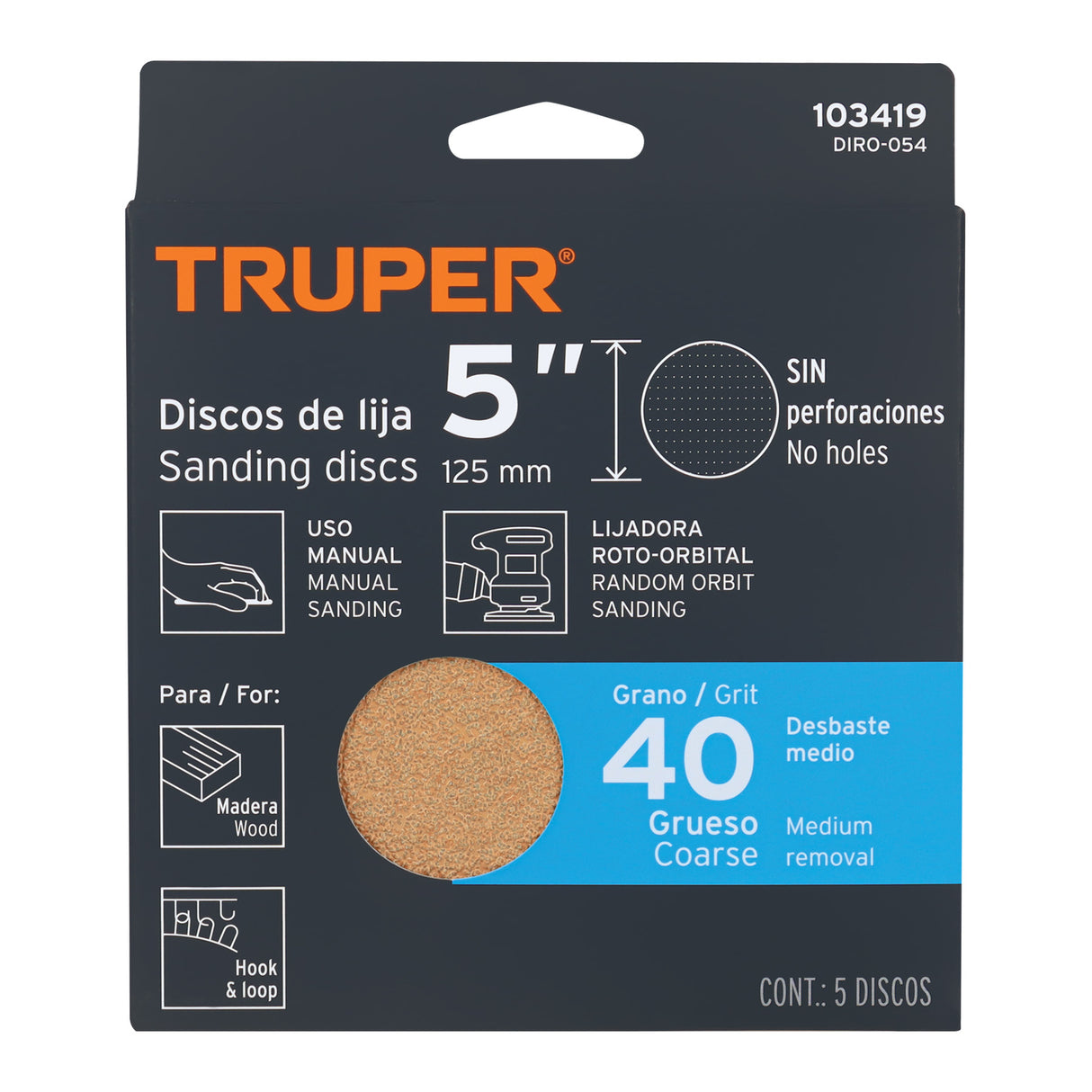 Paquete con 5 Discos de Lija 5' Grano 40, Ciegos, Truper