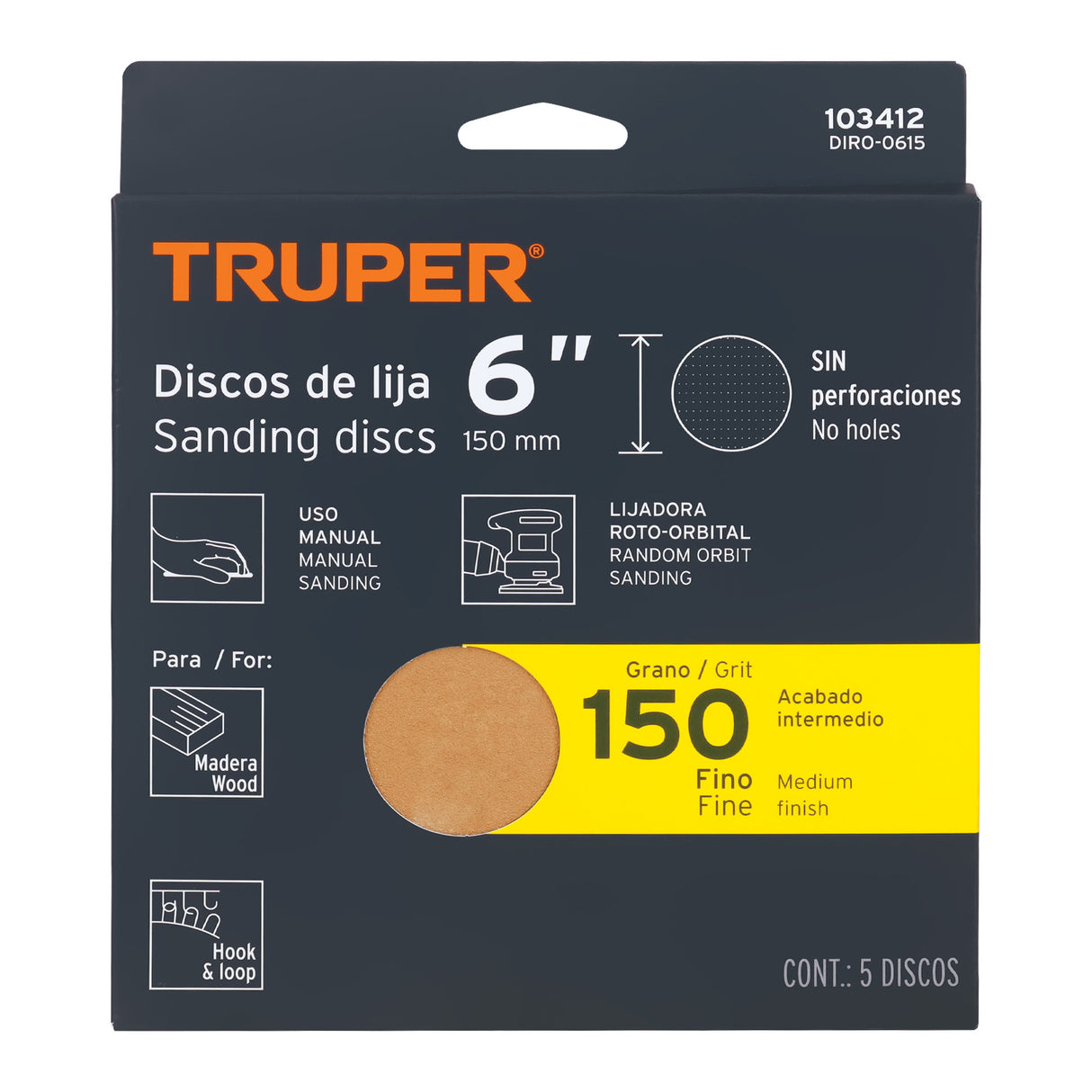 Paquete con 5 Discos de Lija 6' Grano 150, Ciegos, Truper