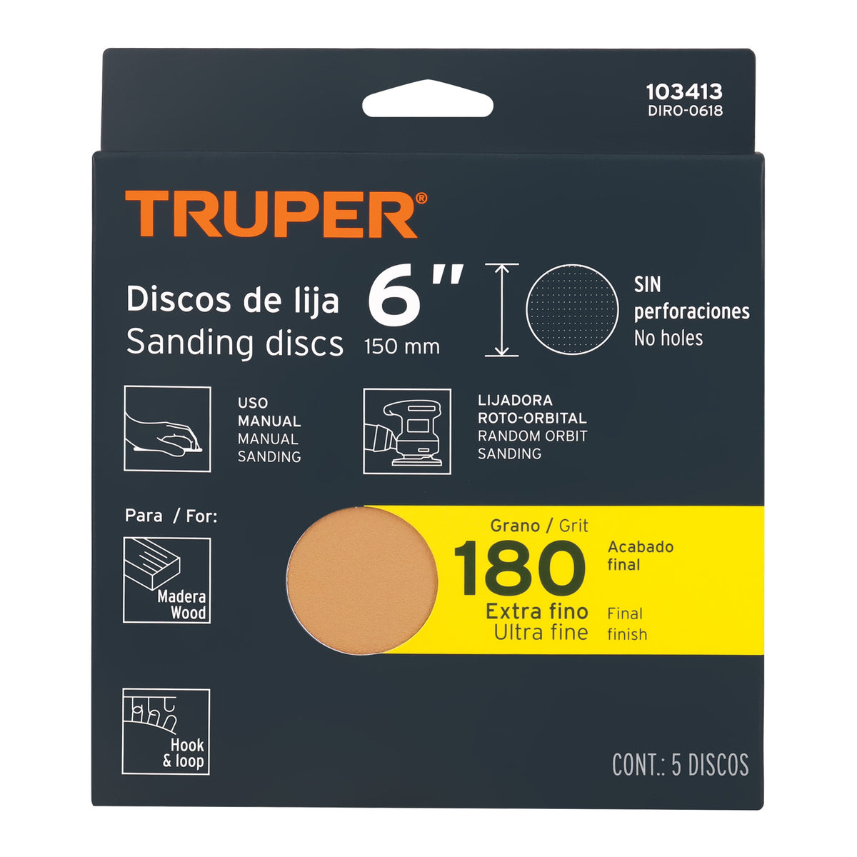 Paquete con 5 Discos de Lija 6' Grano 180, Ciegos, Truper