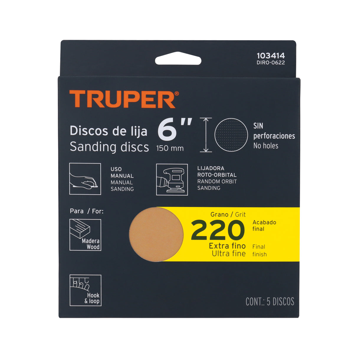 Paquete con 5 Discos de Lija 6' Grano 220, Ciegos, Truper