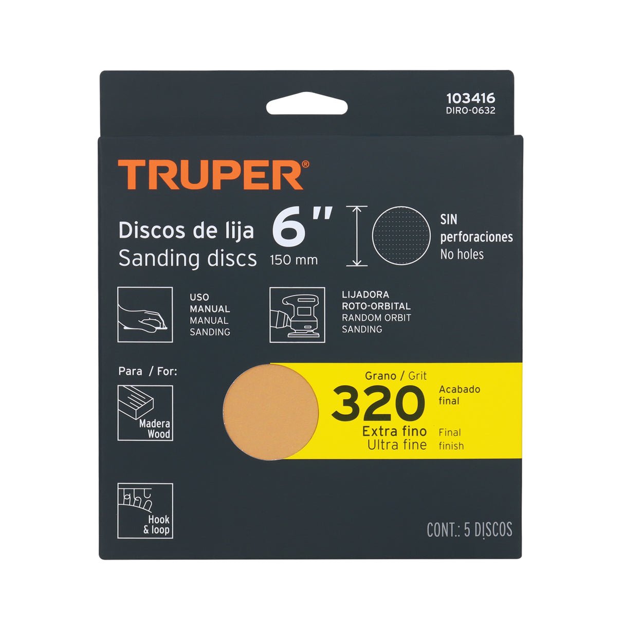 Paquete con 5 Discos de Lija 6' Grano 320, Ciegos, Truper