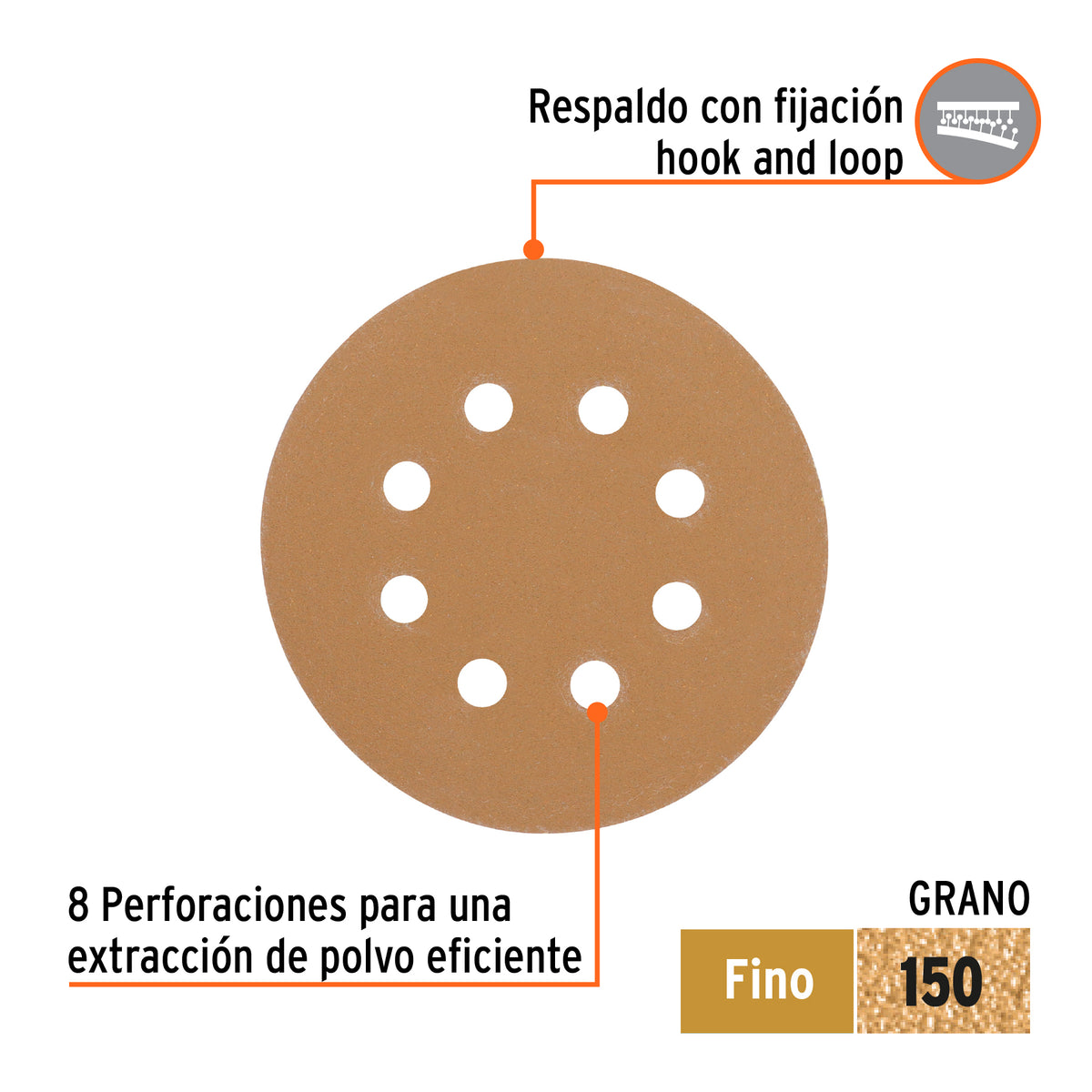 Paquete con 5 Discos de Lija 5' Grano 150, 8 Perforaciones