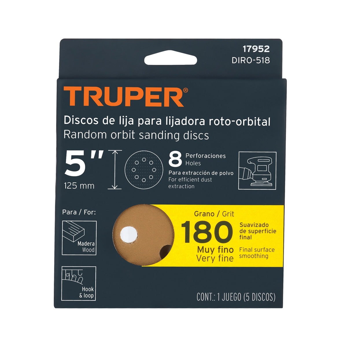 Paquete con 5 Discos de Lija 5' Grano 180, 8 Perforaciones