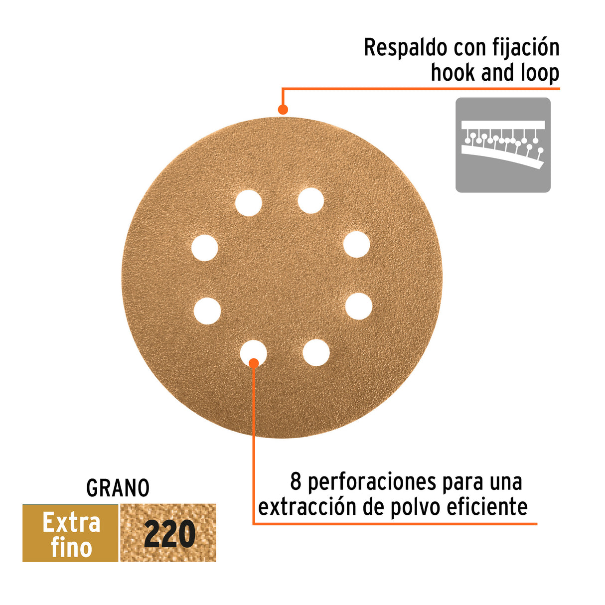Paquete con 5 Discos de Lija 5' Grano 220, 8 Perforaciones