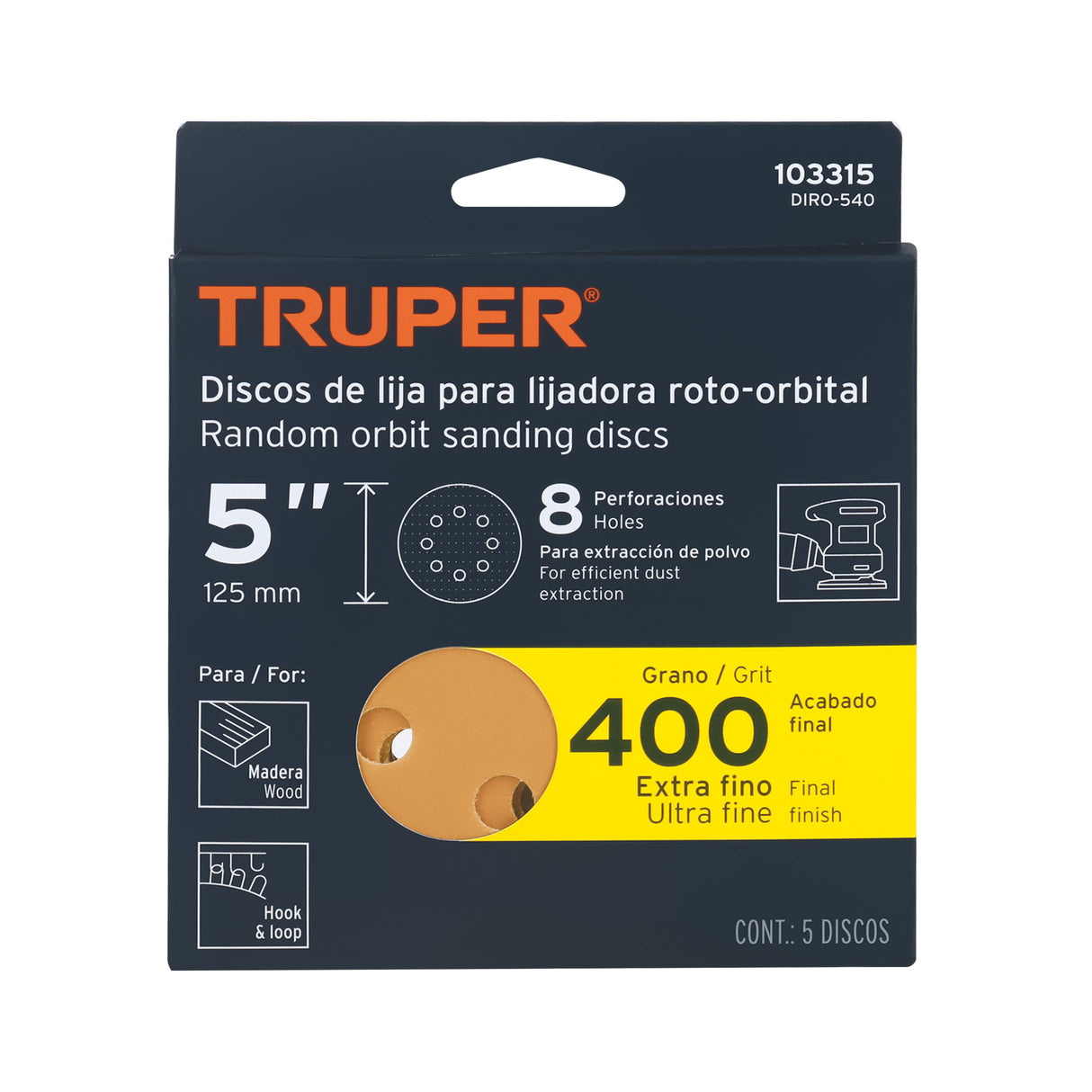 Paquete con 5 Discos de Lija 5' Grano 400, 8 Perforaciones