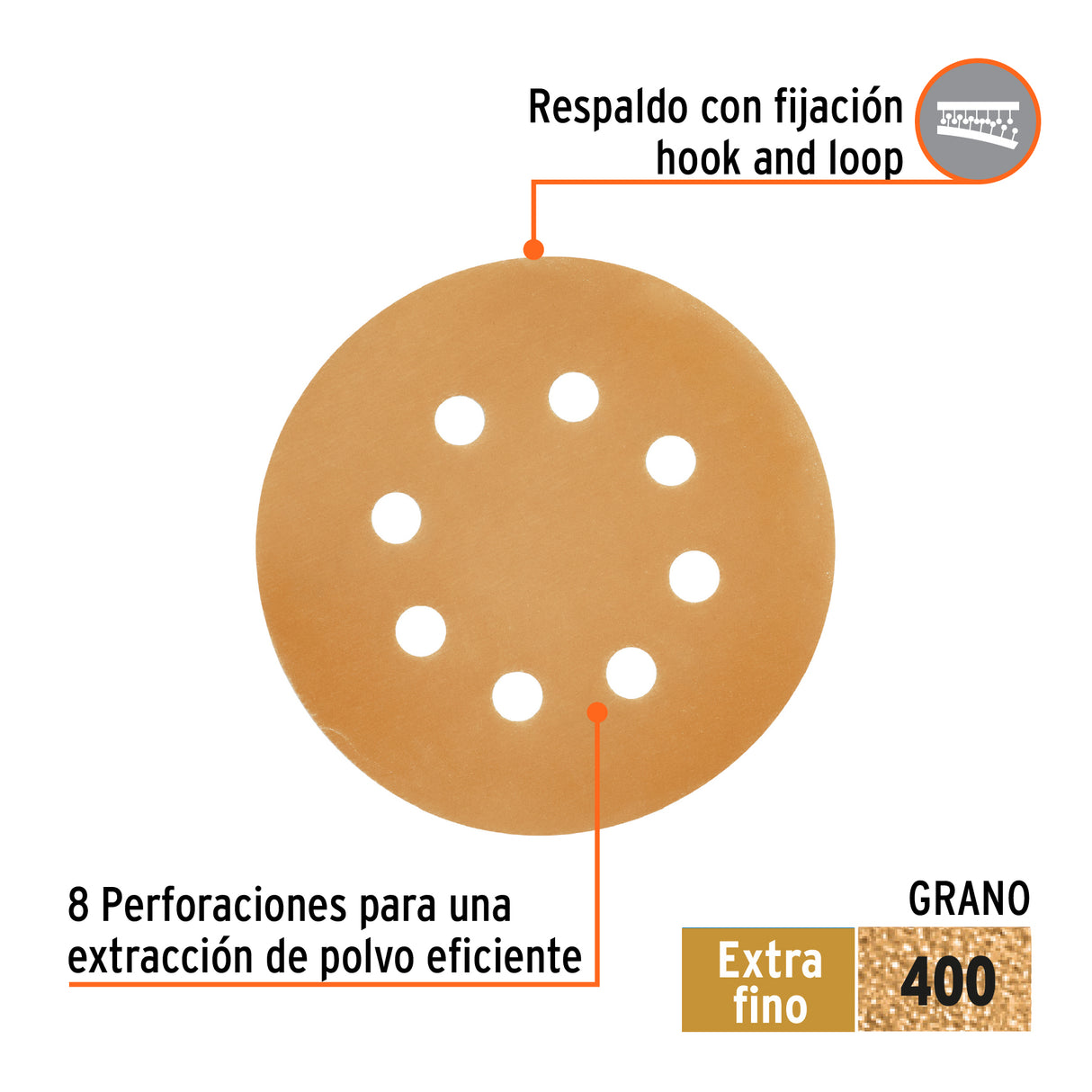 Paquete con 5 Discos de Lija 5' Grano 400, 8 Perforaciones