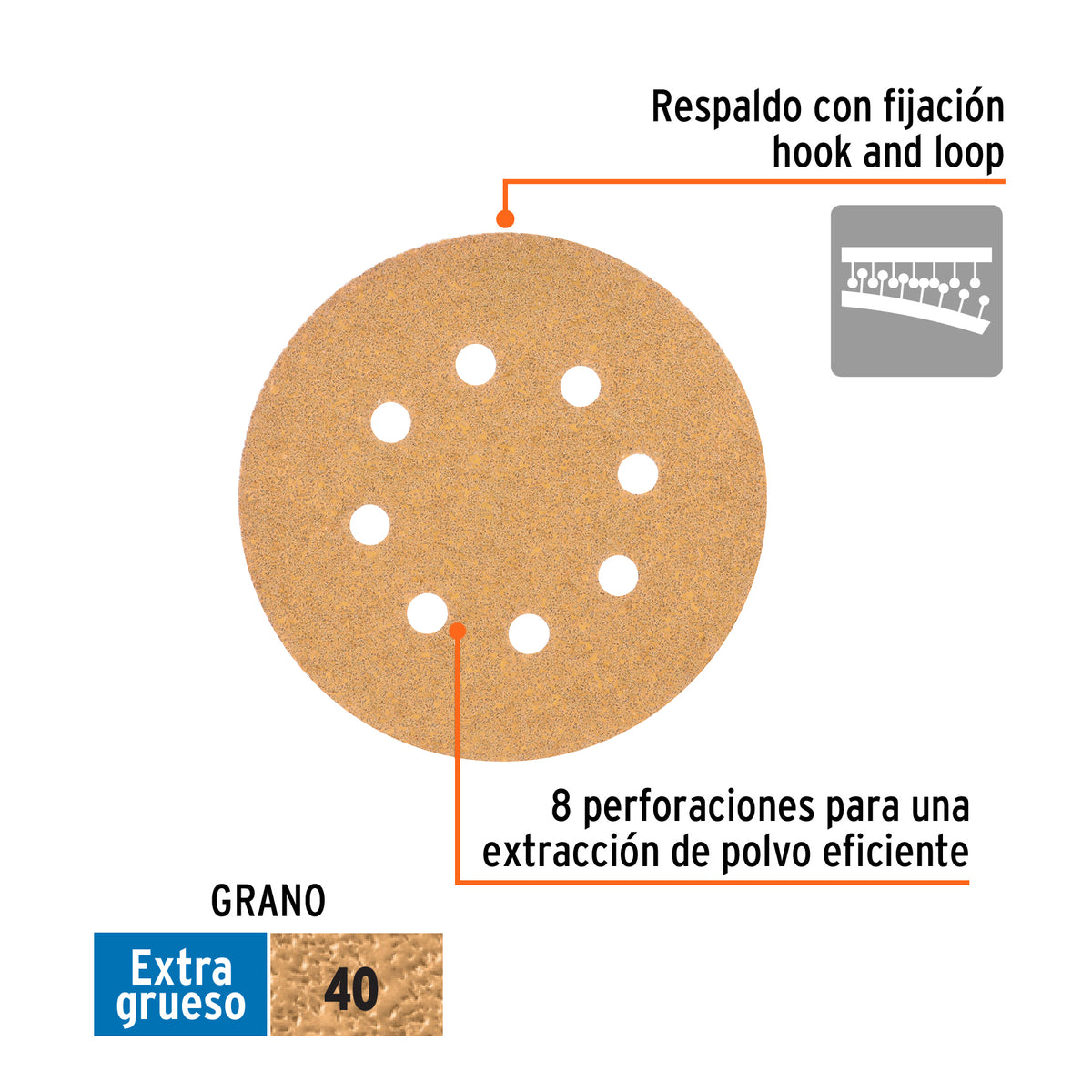 Paquete con 5 Discos de Lija 5' Grano 40, 8 Perforaciones