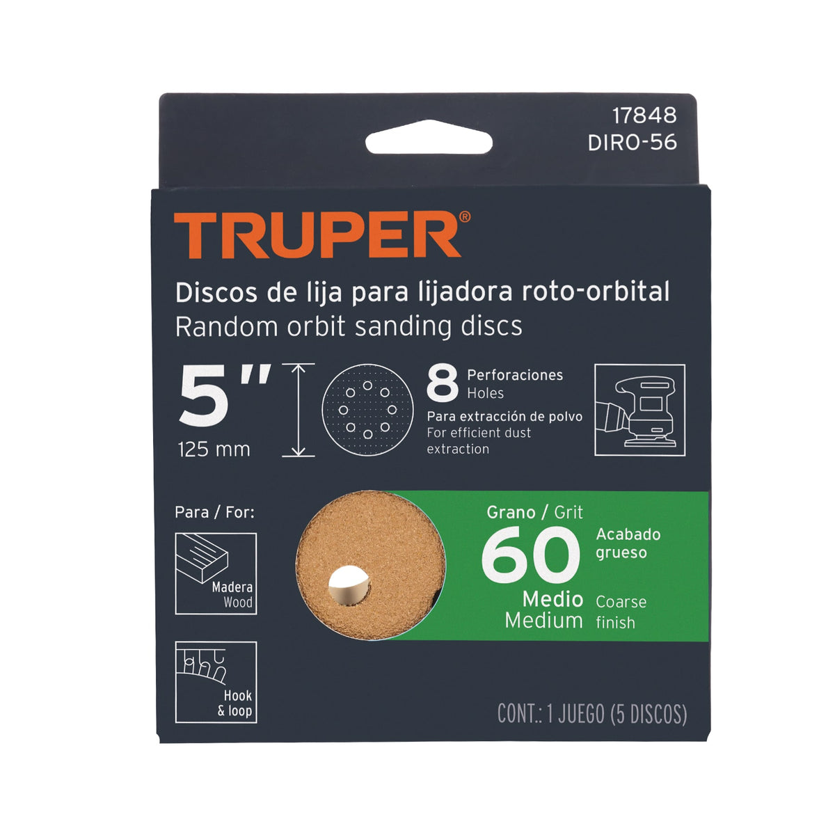 Paquete con 5 Discos de Lija 5' Grano 60, 8 Perforaciones